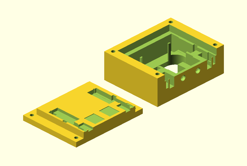A rendering of two 3D models in OpenSCAD. The left hand model is thinner
with a rebate round three sides, various recesses in the middle make space
for components. The right hand model is roughly cuboid in shape with a
weird shaped recess in the centre and some holes in the front